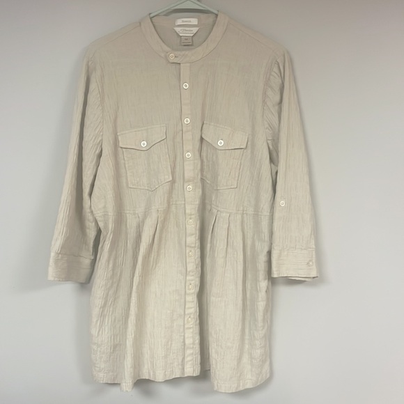 CJ Banks Women's Oatmeal/tan button down top/blouse, 1X, 3/4 sleeves, like new - Picture 1 of 7